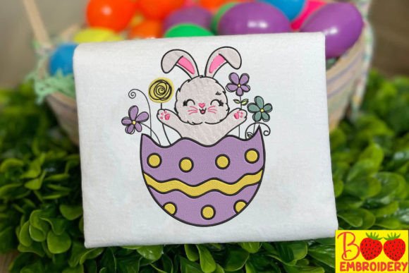 Cute Rabbit and Flowers Embroidery Design