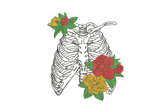 Skeleton Rib with Flowers: A Unique Embroidery Design