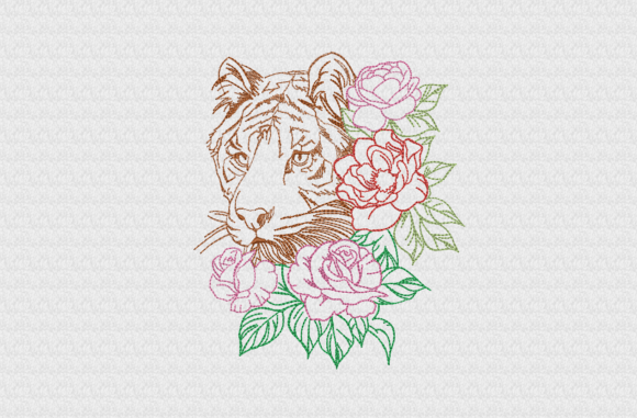 Tiger with Flowers: A Bold and Versatile Embroidery Design